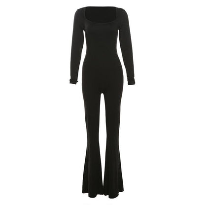 Long sleeve u neck backless self tie solid jumpsuit-final-sale
