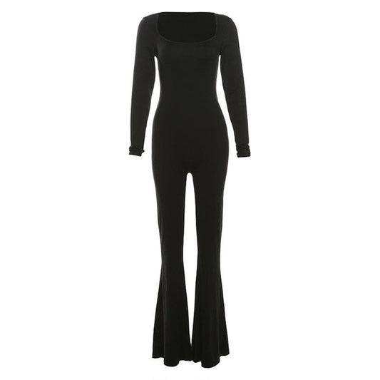 Long sleeve u neck backless self tie solid jumpsuit-final-sale