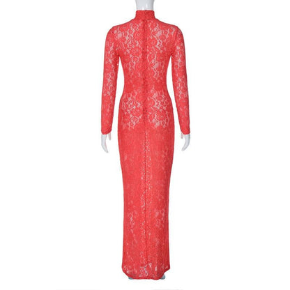 Long sleeve high neck see through lace maxi dress