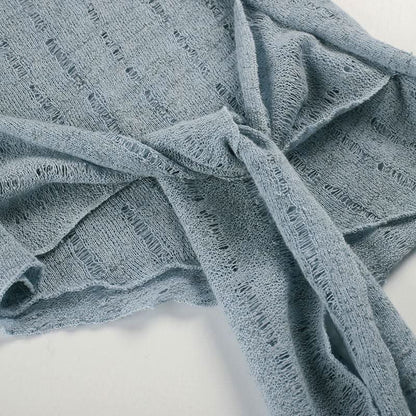 Long sleeve odd shoulder knotted knitted top