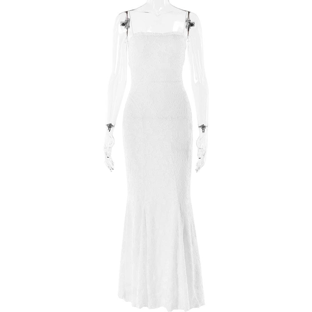 Ruffle lace up backless lace hem cami maxi dress