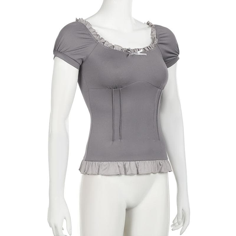 Short puff sleeve stitch ruffle bowknot top
