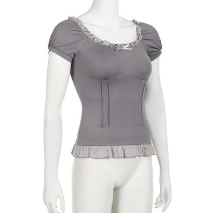 Short puff sleeve stitch ruffle bowknot top