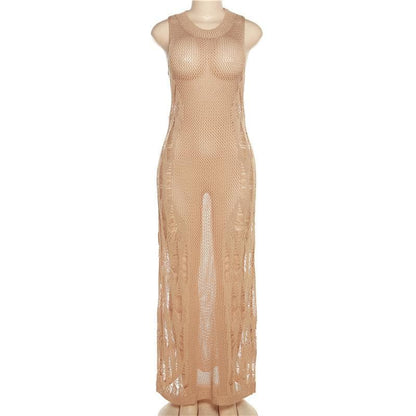 Crochet solid sleeveless see through round neck maxi dress-final-sale