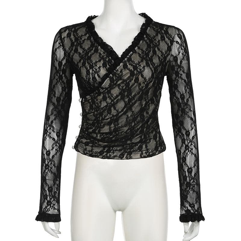 Long sleeve v neck lace button top
