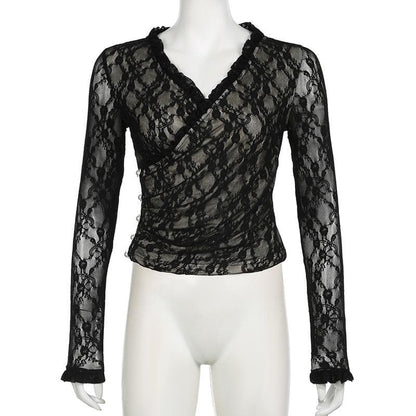 Long sleeve v neck lace button top