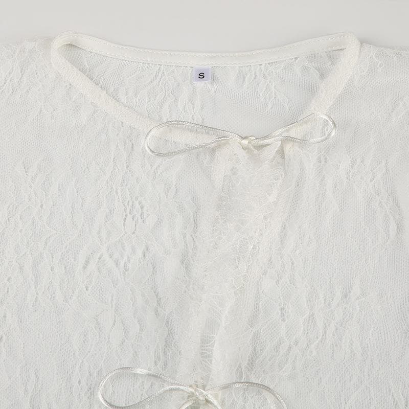 Long sleeve lace see through self tie top