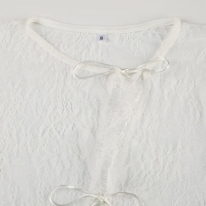 Long sleeve lace see through self tie top