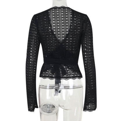 Long flared sleeve v neck lace hem knotted top