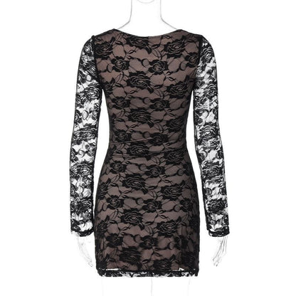 Long sleeve v neck lace contrast patchwork mini dress