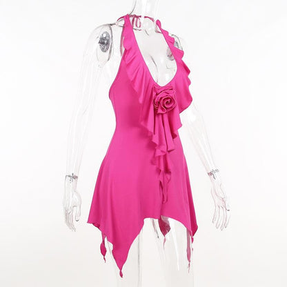 Halter flower applique backless ruffle u neck solid mini dress