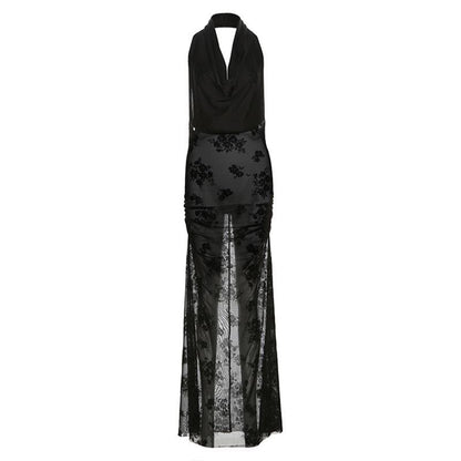 Cowl neck halter flower pattern mesh maxi dress