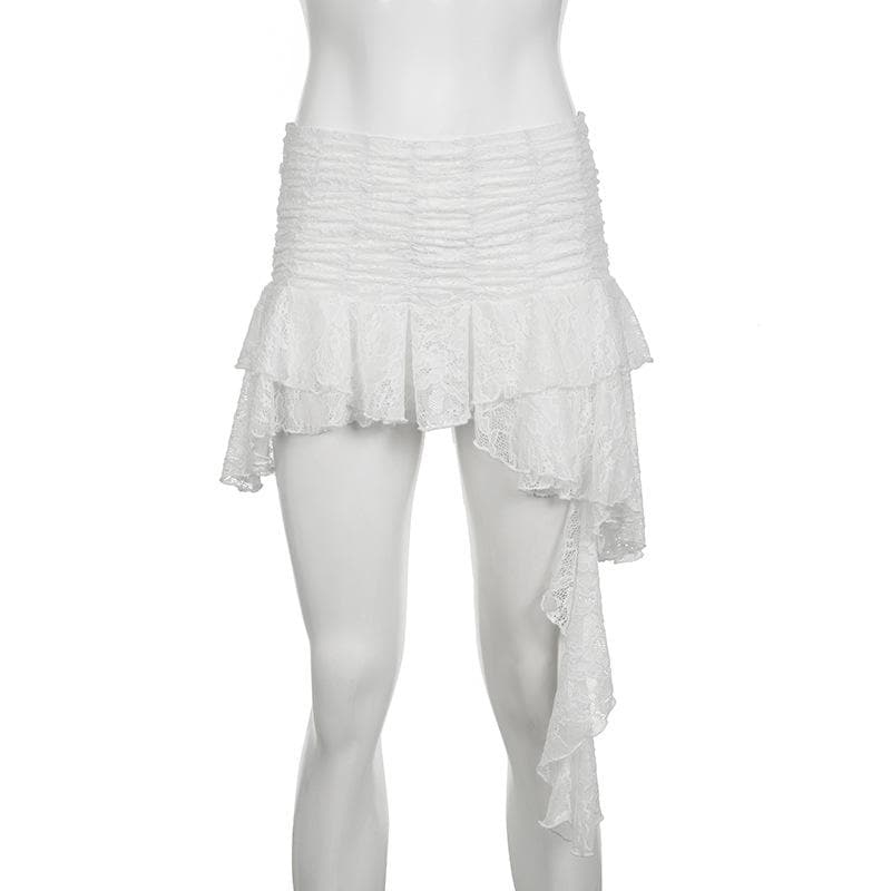 Ruched lace patchwork ruffle irregular mini skirt
