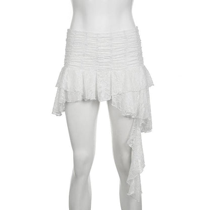Ruched lace patchwork ruffle irregular mini skirt