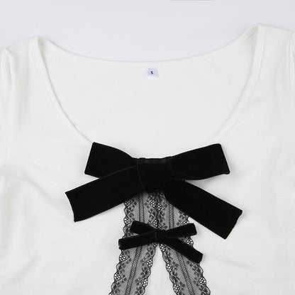 Long sleeve bowknot lace hem u neck slit top