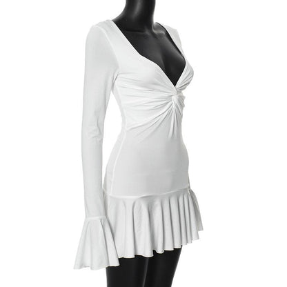Long flared sleeve ruched v neck solid mini dress