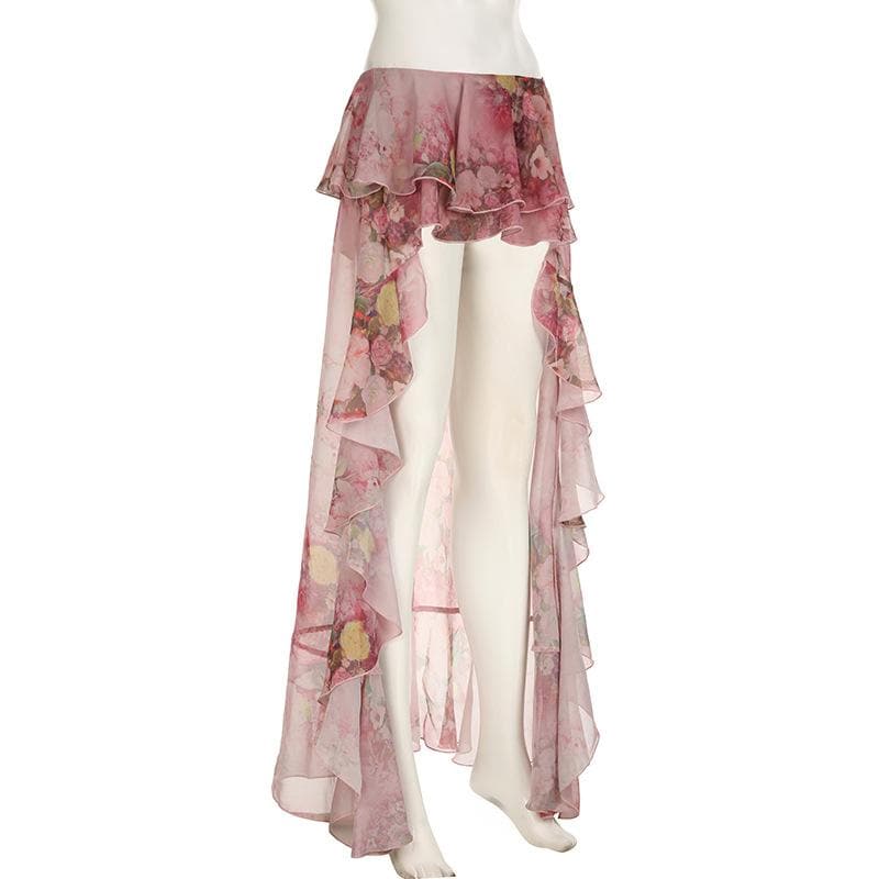 Chiffon flower print ruffle maxi skirt