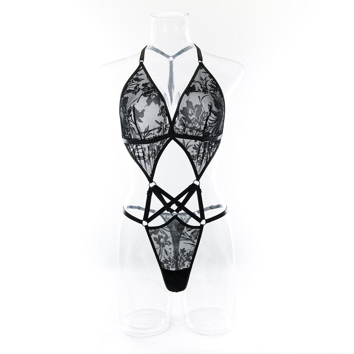 Print mesh v neck hollow out cami bodysuit