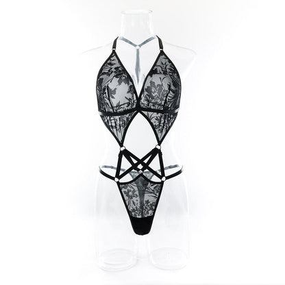 Print mesh v neck hollow out cami bodysuit