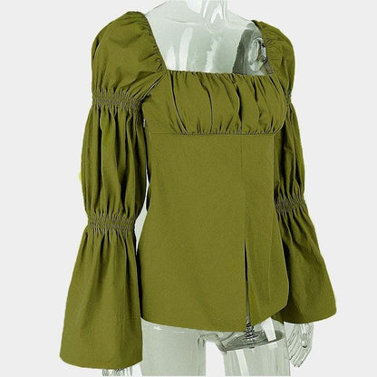 Flared pleated sleeve smocked square neck slit solid top