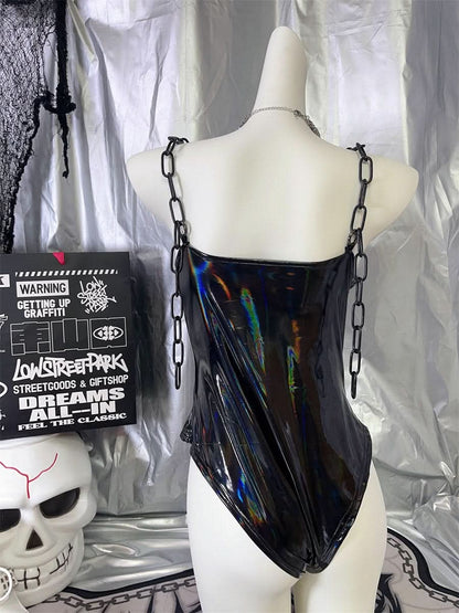 PU leather rivet metal chain bodysuit