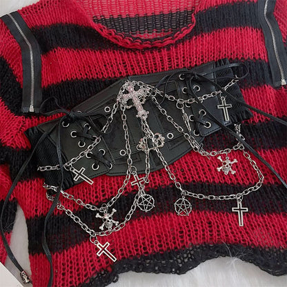 PU leather metal chain cross applique waist chain