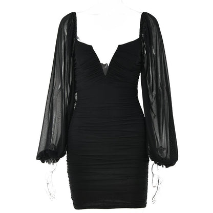 Mesh solid long sleeve ruched notch neck zip-up mini dress
