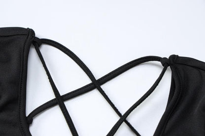 Cross front long sleeve hollow out lace up solid jumpsuit - Final Sale