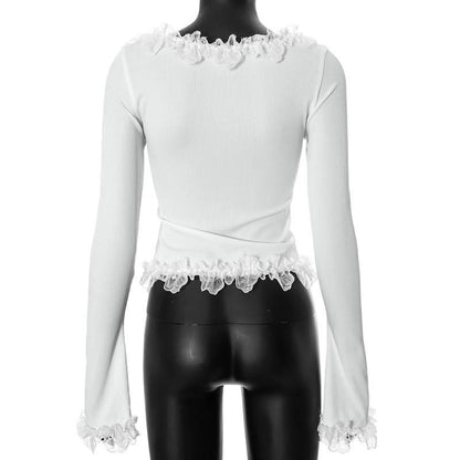 Long sleeve lace hem button ribbed u neck solid top