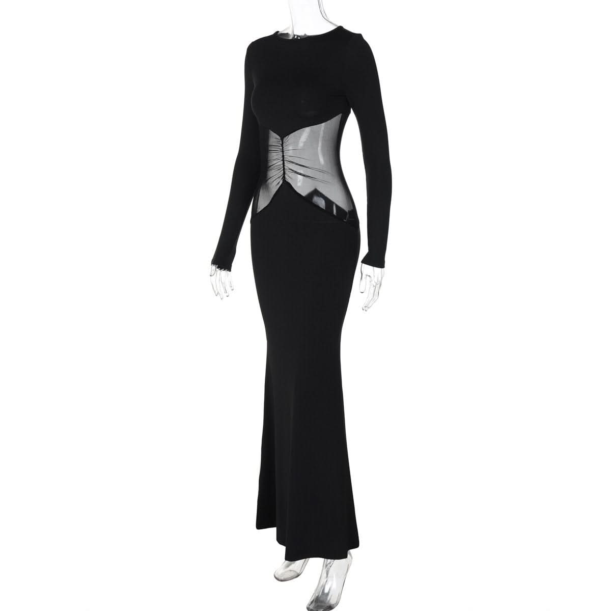 Long sleeve crewneck mesh patchwork maxi dress