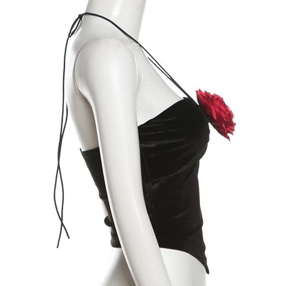 Halter velvet flower applique backless top