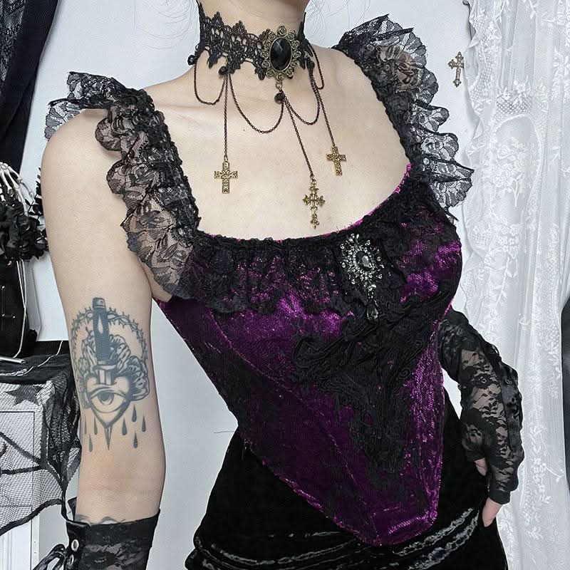 Velvet lace hem corset cami top