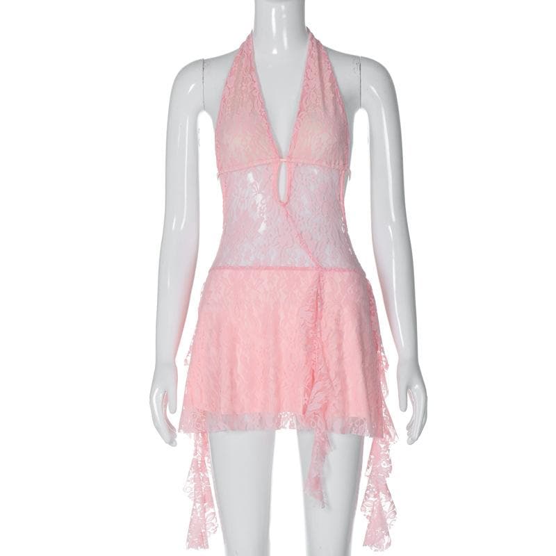 Deep V Halter Lace Up Sheer Ruffle Hem Mini Dress