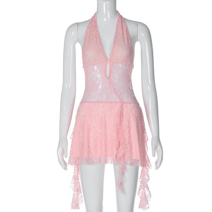 Deep V Halter Lace Up Sheer Ruffle Hem Mini Dress