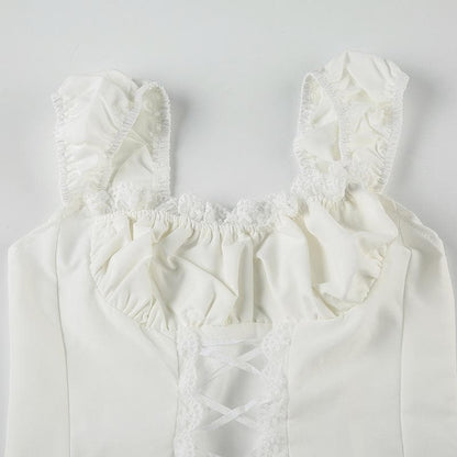 Cap sleeve lace hem lace up ruched top