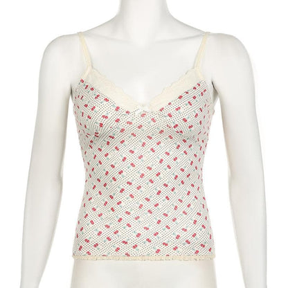 V neck cherry print bowknot lace hem polka dot cami top