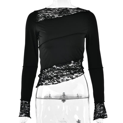 Lace patchwork irregular stitch long sleeve top