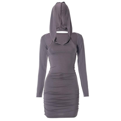 Hooded Cold Shoulder Ruched Long Sleeve Bodycon Mini Dress