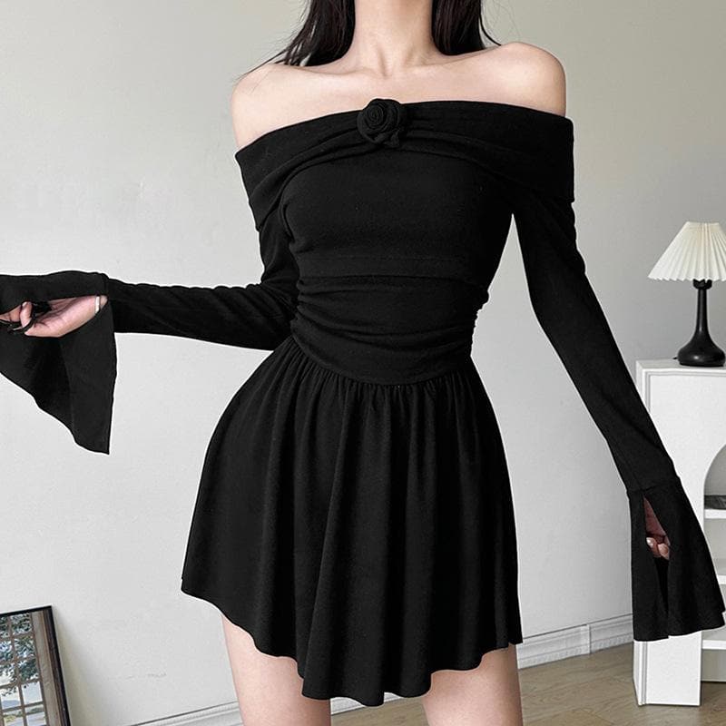 Flower applique off shoulder long flared sleeve slit mini dress