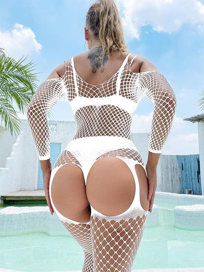 Fishnet hollow out off shoulder open crotch bodystocking