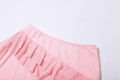 Ruffle solid off shoulder irregular backless mini skirt set-final-sale