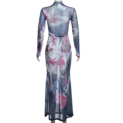 Long sleeve print sheer mesh lace up maxi dress