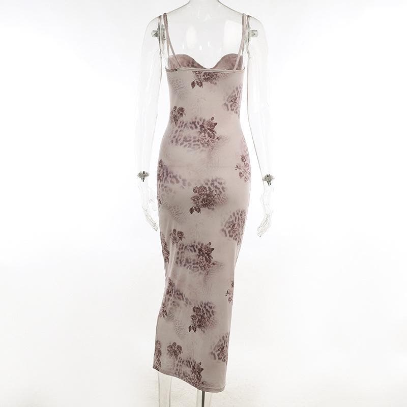 Floral Spotted Print Sweetheart Bustier Spaghetti Strap Bodycon Maxi Dress