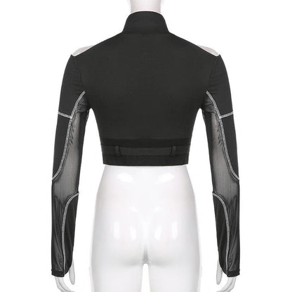 High neck zip-up mesh patchwork long sleeves crop top