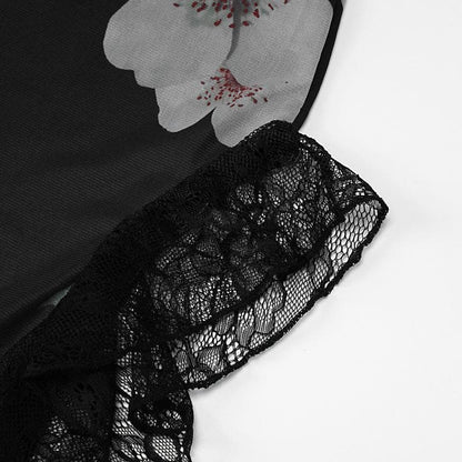 Flower print mesh ruffle slit contrast irregular tube midi dress