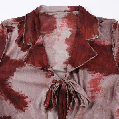 Sheer mesh see through long sleeve tie dye ruffle self tie crop top