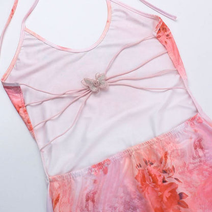 U neck halter butterfly applique print slit maxi dress