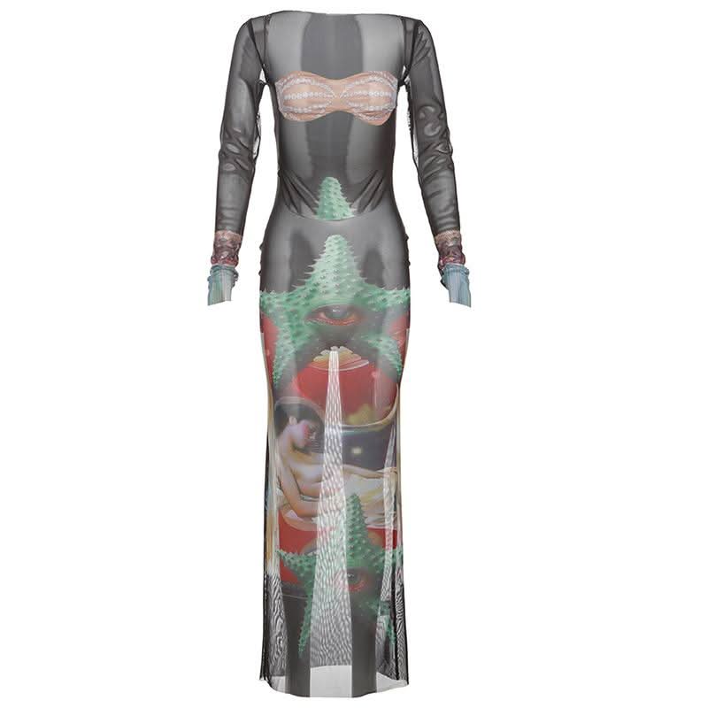 Long sleeve mesh hollow out print see through cut out maxi dress