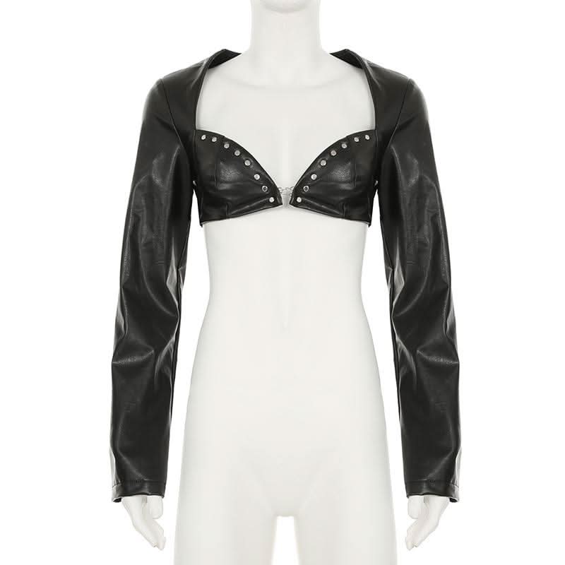 PU leather sweetheart neck long sleeve crop top