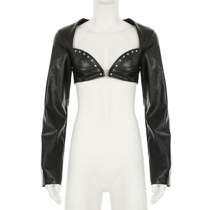 PU leather sweetheart neck long sleeve crop top